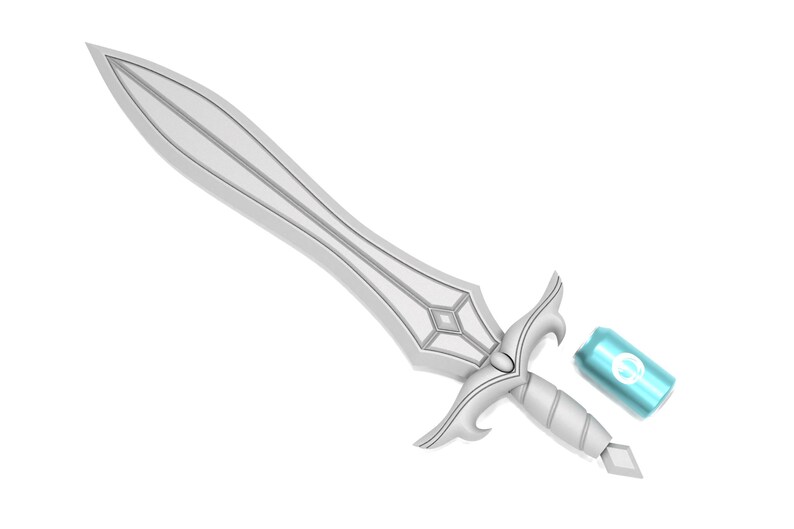 May include: A silver fantasy sword with a detailed hilt and blade design. A small, cylindrical, light blue object with a white design is next to the sword. The sword has a decorative, ornate design.