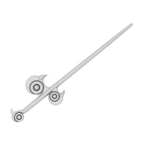 May include: A silver-colored, decorative spear with a long, thin shaft and a three-pronged head. The head has two circular designs with a ring around the center.