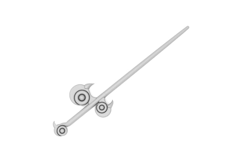 May include: A silver-colored, decorative spear with a long, thin shaft and a three-pronged head. The head has two circular designs with a ring around the center.