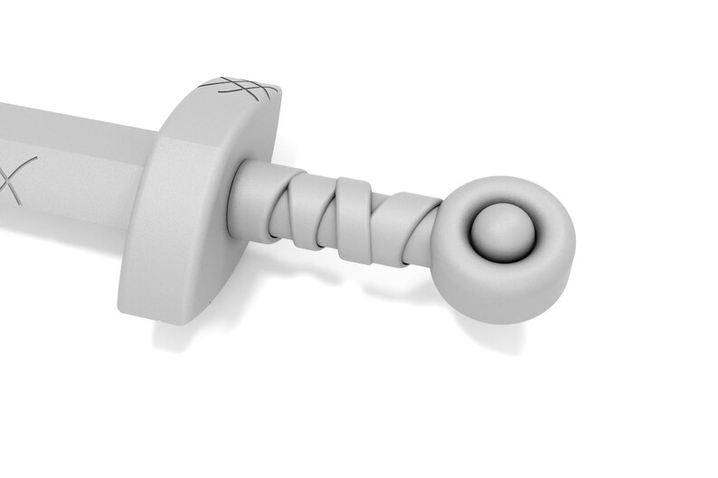 May include: A white plastic toy sword with a twisted handle and a round pommel.