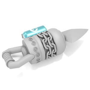 May include: A gray, chain-wrapped, weapon with a handle and a sharp point. A blue can is attached to the weapon.