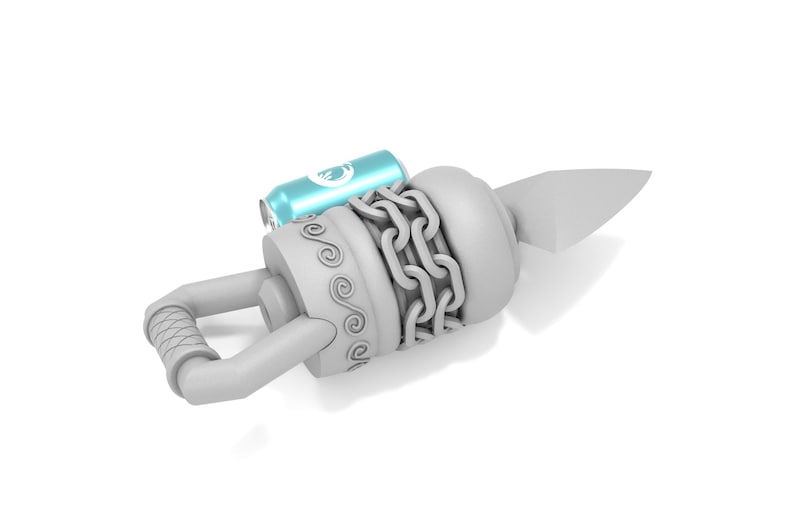 May include: A gray, chain-wrapped, weapon with a handle and a sharp point. A blue can is attached to the weapon.