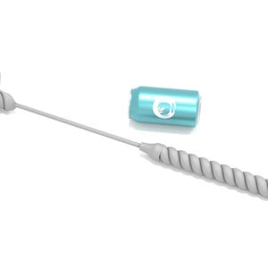 May include: A white, twisted rope with a star-shaped handle at one end. A light blue can with a white logo is lying on a white surface.