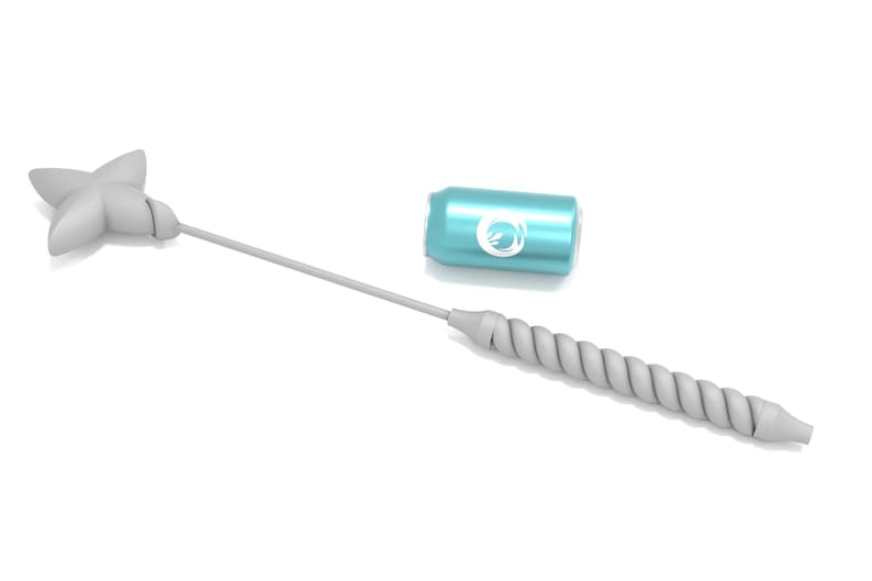 May include: A white, twisted rope with a star-shaped handle at one end. A light blue can with a white logo is lying on a white surface.