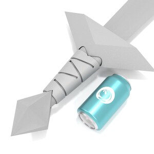 May include: A white sword with a diamond-shaped blade and a blue can with a white logo. The can is lying on its side.