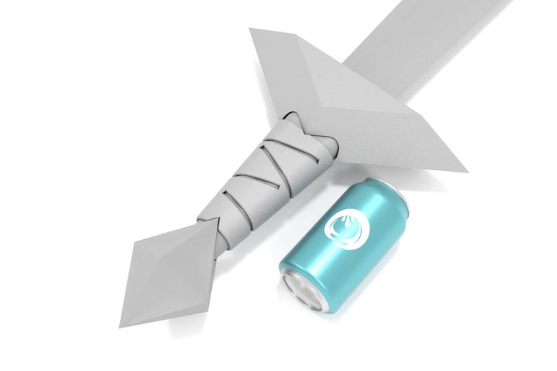 May include: A white sword with a diamond-shaped blade and a blue can with a white logo. The can is lying on its side.