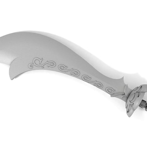 May include: A silver-colored, curved sword with intricate floral designs etched into the blade. The hilt is ornate and features a decorative pommel.
