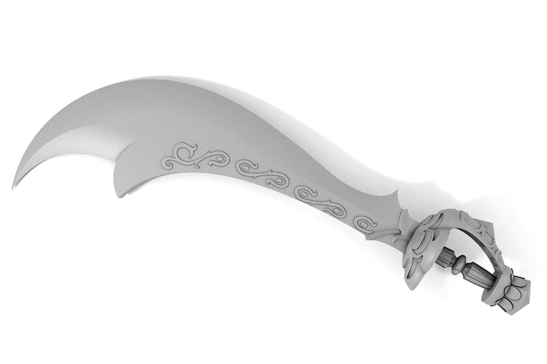 May include: A silver-colored, curved sword with intricate floral designs etched into the blade. The hilt is ornate and features a decorative pommel.