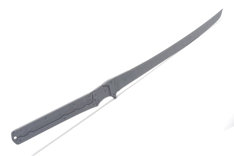 May include: A silver-colored sword with a curved blade and a detailed handle.