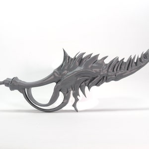 May include: A gray 3D printed weapon with a sharp, jagged blade and a curved handle.