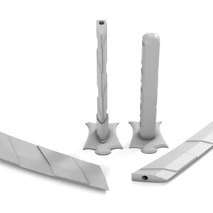 May include: Four gray plastic pieces, two tall posts with a base, one long curved piece, and one shorter curved piece. The pieces are designed to be used as a traffic barrier.