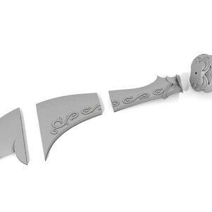 May include: A disassembled silver-colored sword with intricate designs. The sword is in five pieces, including the blade, hilt, and pommel.