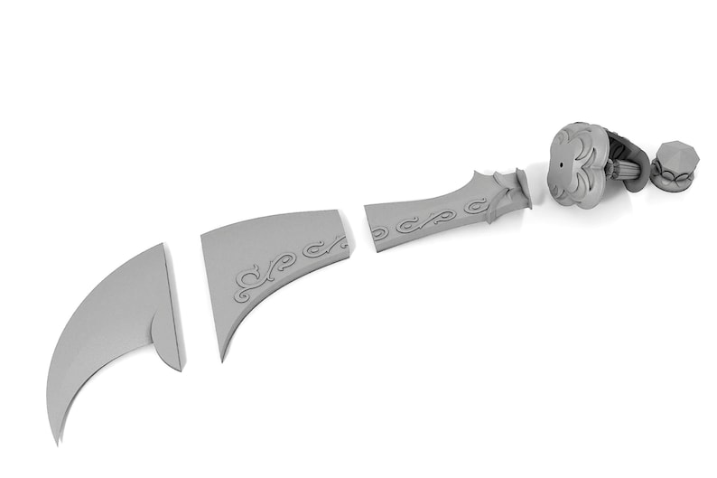 May include: A disassembled silver-colored sword with intricate designs. The sword is in five pieces, including the blade, hilt, and pommel.