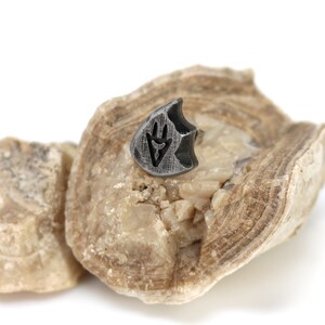 Puede incluir: Un peque&ntilde;o anillo plateado con un dise&ntilde;o geom&eacute;trico negro. El anillo est&aacute; apoyado en una pieza de roca rugosa de color marr&oacute;n claro.