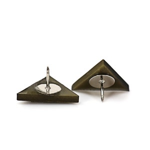 May include: A pair of triangle-shaped earrings with a dark green color. The earrings have a silver post and a silver backing.