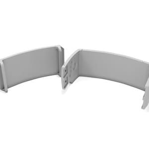 May include: Two light gray, curved, plastic components, possibly parts of a larger product, are displayed against a white background. The pieces have a rounded shape with a flat top and bottom, and are connected by small, square-shaped connectors.