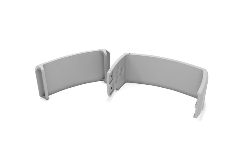 May include: Two light gray, curved, plastic components, possibly parts of a larger product, are displayed against a white background. The pieces have a rounded shape with a flat top and bottom, and are connected by small, square-shaped connectors.