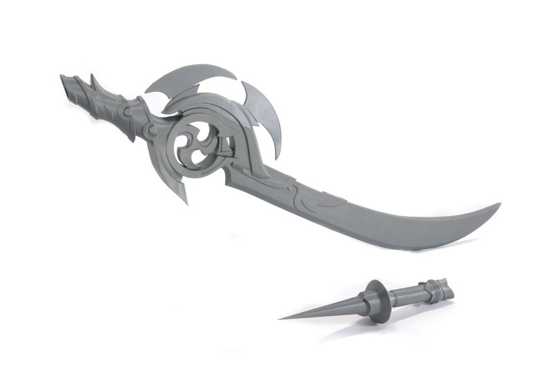 May include: A gray 3D printed sword with a decorative handle and a smaller gray 3D printed dagger.
