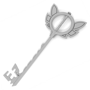 May include: A silver keyblade with a circular guard and a keyhole design. The keyblade has a long, thin blade with a pointed tip.