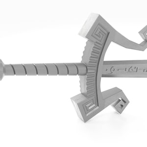 May include: A silver sword with a spiral handle and a decorative, geometric design on the blade. The blade has a series of symbols etched into it.