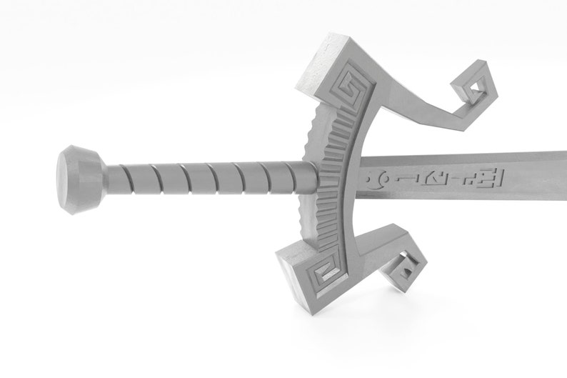 May include: A silver sword with a spiral handle and a decorative, geometric design on the blade. The blade has a series of symbols etched into it.
