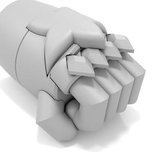 May include: A white, 3D printed, articulated robot hand with a closed fist. The hand is made up of multiple interlocking pieces.