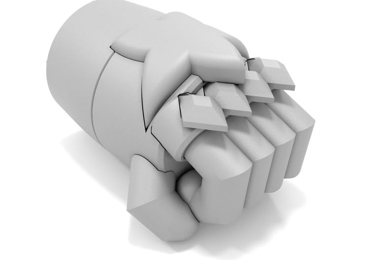 May include: A white, 3D printed, articulated robot hand with a closed fist. The hand is made up of multiple interlocking pieces.