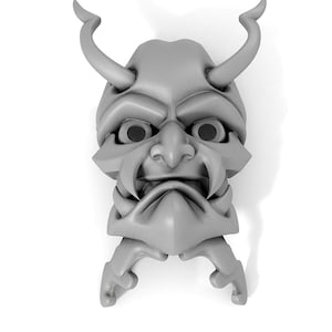 May include: A gray, detailed, 3D printed mask of a demon with horns, a wide mouth, and large eyes.