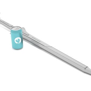 May include: A light gray sword with a long, pointed blade and a crossguard. A light blue can with a white logo is next to the sword. The sword has a modern, minimalist design.