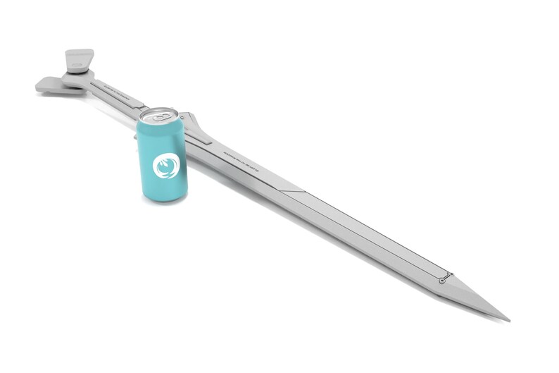 May include: A light gray sword with a long, pointed blade and a crossguard. A light blue can with a white logo is next to the sword. The sword has a modern, minimalist design.