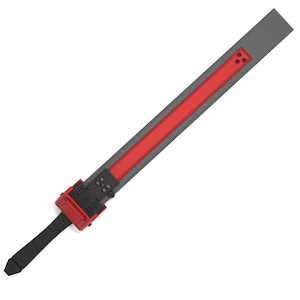 K&ouml;nnte beinhalten: Ein rotes und graues Schwert-Requisit mit schwarzem Griff. Die Klinge hat eine rote Mitte und ist in Grau eingefasst. Der Griff und der Schutz sind rot und schwarz. Das Schwert ist diagonal vor einem wei&szlig;en Hintergrund abgebildet.