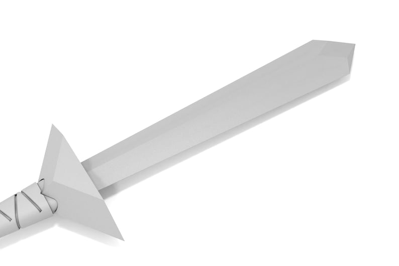 May include: A white, triangular-shaped sword with a silver blade and a wrapped handle.