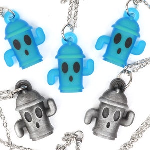 May include: Five necklaces with a cartoon character pendant. Two pendants are blue and three are silver. The character is a fire hydrant with arms and a surprised expression.