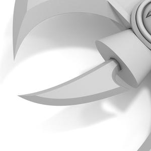 K&ouml;nnte beinhalten: Nahaufnahme eines wei&szlig;en, stilisierten Objekts mit gebogenen Klingen und einem zentralen kreisf&ouml;rmigen Element. Das Design weist scharfe, eckige Formen und eine glatte, matte Oberfl&auml;che auf, was auf eine moderne &Auml;sthetik hindeutet.