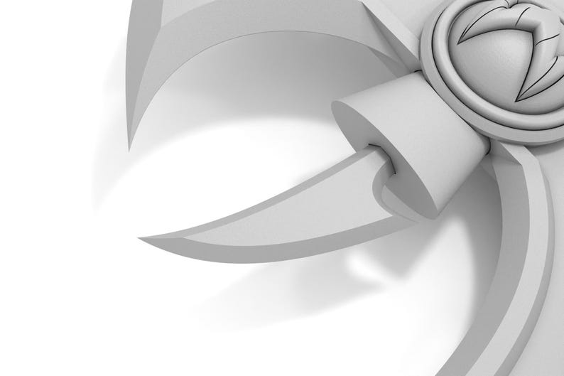K&ouml;nnte beinhalten: Nahaufnahme eines wei&szlig;en, stilisierten Objekts mit gebogenen Klingen und einem zentralen kreisf&ouml;rmigen Element. Das Design weist scharfe, eckige Formen und eine glatte, matte Oberfl&auml;che auf, was auf eine moderne &Auml;sthetik hindeutet.