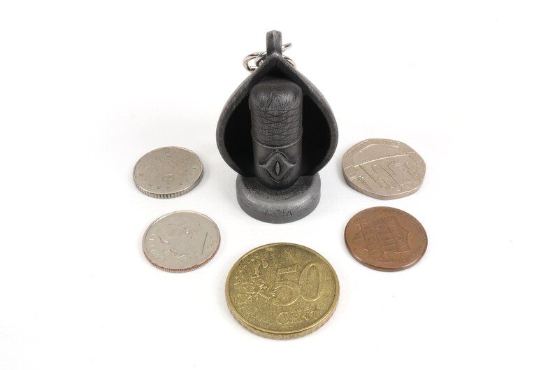 May include: A small, black, metal keychain shaped like a microphone with a silver base and a silver ring. The keychain is surrounded by five coins.