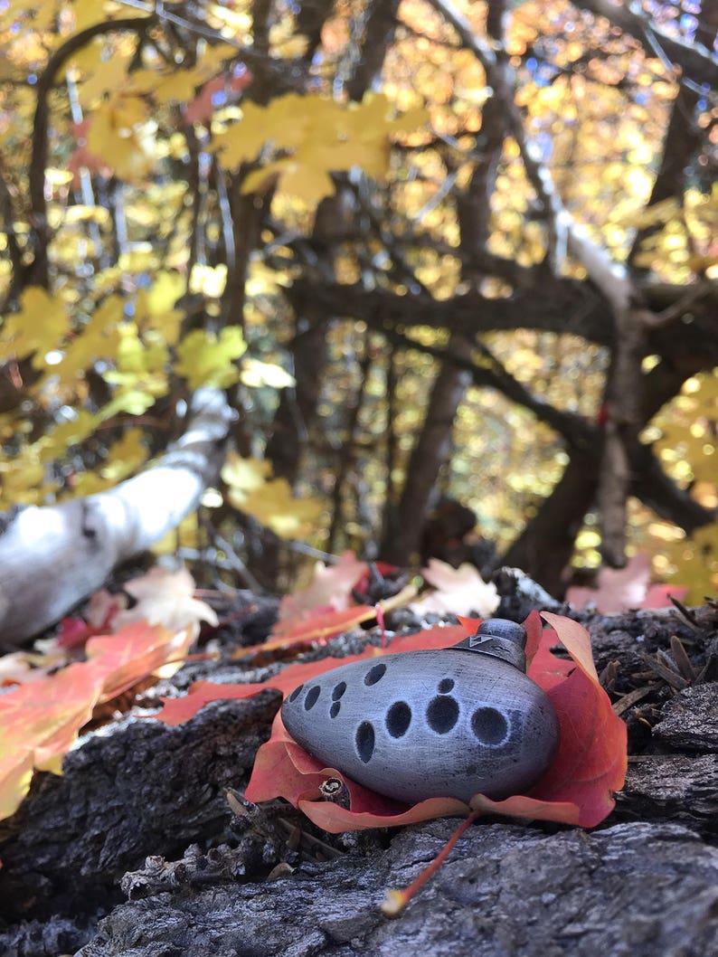 Puede incluir: Una ocarina plateada con un dise&ntilde;o triangular en la parte superior, descansando sobre un lecho de hojas de oto&ntilde;o rojas y amarillas.