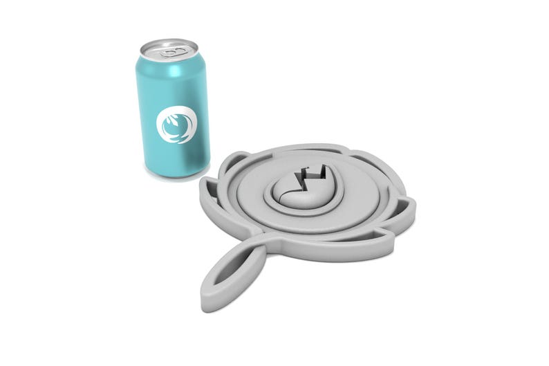 Puede incluir: Un dise&ntilde;o estilizado en tres dimensiones de una peonza, de color gris, con una lata azul en el fondo.
