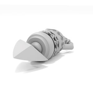 May include: A white, 3D printed model of a futuristic spaceship with a pointed nose and a detailed, textured body.