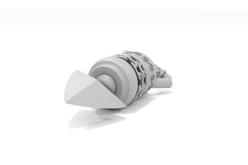 May include: A white, 3D printed model of a futuristic spaceship with a pointed nose and a detailed, textured body.