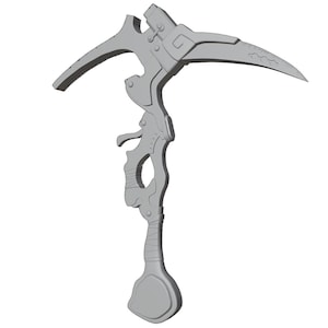 May include: A gray metal pickaxe with a curved blade and a detailed handle. The pickaxe has a textured surface and a sharp point.