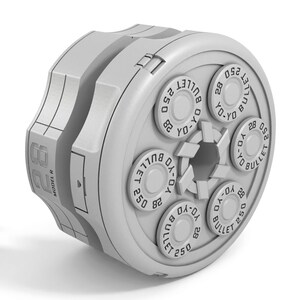 以下が含まれることがあります： 回転機構付きの白い丸い金属製の物体。物体には、「BULLET 250 YO-YO 28」という文字が印刷された円形の区画が5つあります。物体の側面には「MODEL R」という文字が印刷されています。