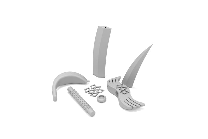 Peut inclure: Un ensemble de pi&egrave;ces en plastique gris pour construire un mod&egrave;le. Les pi&egrave;ces comprennent une pi&egrave;ce incurv&eacute;e, une pi&egrave;ce longue et droite, une petite pi&egrave;ce en forme d'aile, une pi&egrave;ce pointue et une petite pi&egrave;ce avec un motif de carr&eacute;s.