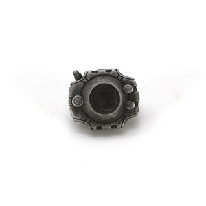 May include: A silver-colored metal pin shaped like a digital device with a circular screen and a small antenna on top.