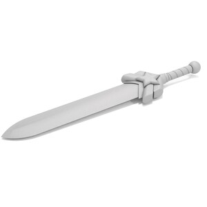 May include: A light gray sword with a star-shaped handguard and a rounded pommel. The blade is long and straight, and the handle is textured. The sword is set against a white background.