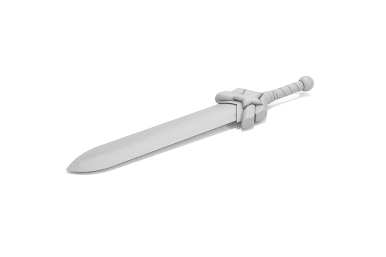 May include: A light gray sword with a star-shaped handguard and a rounded pommel. The blade is long and straight, and the handle is textured. The sword is set against a white background.
