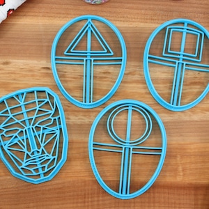 May include: Four blue plastic cookie cutters on a wooden surface. The cutters are shaped like a face, a circle with a line through it, a triangle, and a square.