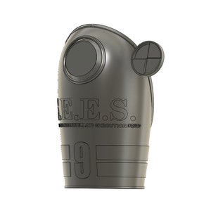 May include: A gray, stylized helmet with the text "E.E.S. SUPERIOR AIR EXECUTION SQUAD" and the number "9" etched into the surface. The helmet features a circular lens and a circular targeting device.
