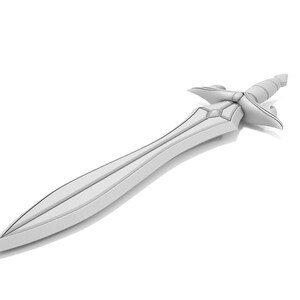 May include: A detailed, light gray sword with a curved blade and ornate hilt. The hilt features a decorative guard and a textured handle. The sword is set against a white background, highlighting its design.