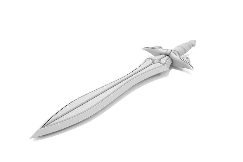 May include: A detailed, light gray sword with a curved blade and ornate hilt. The hilt features a decorative guard and a textured handle. The sword is set against a white background, highlighting its design.